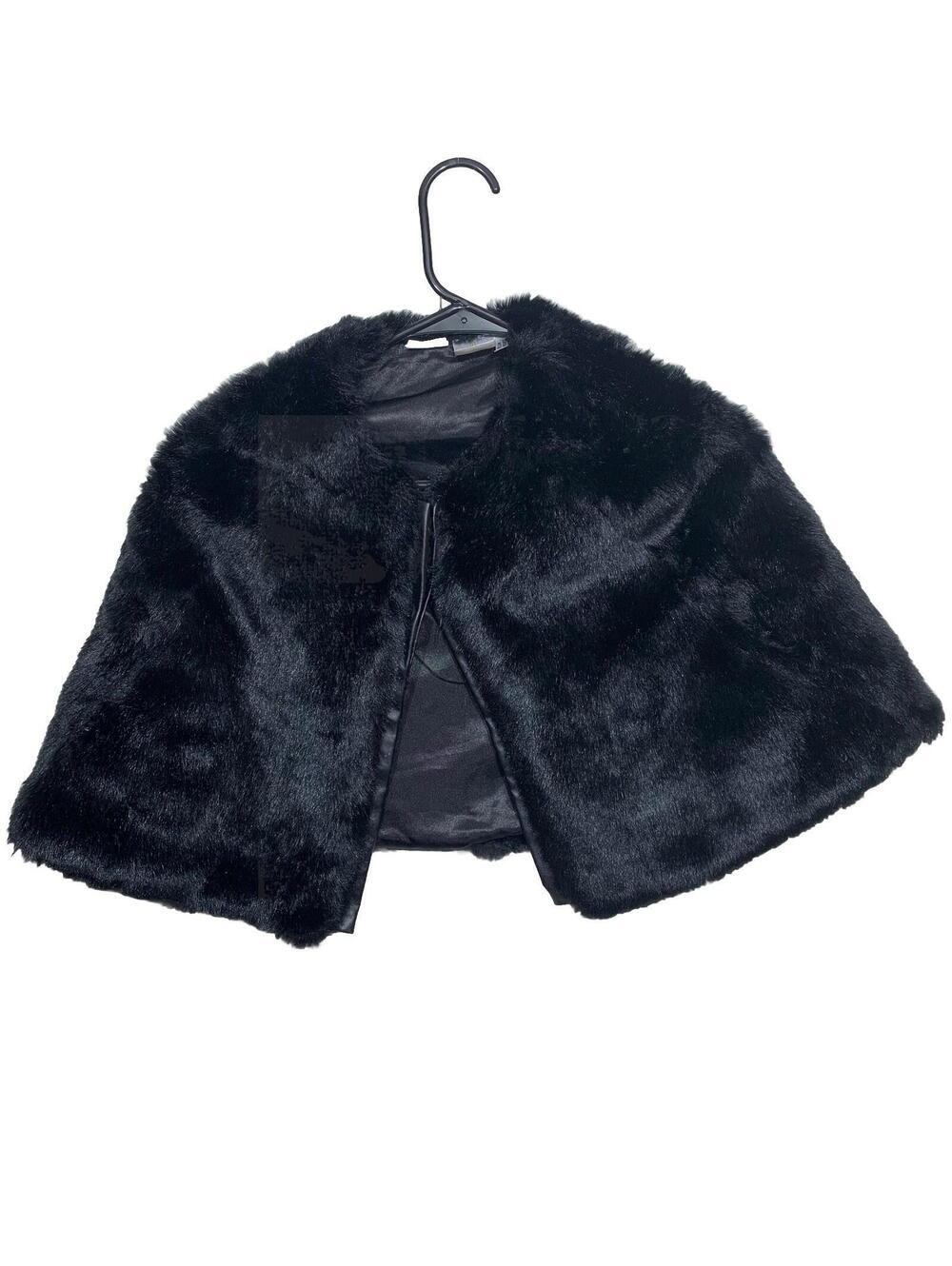 Kardashian Kids Faux Fur Capelet Girls Black Plush Formal Shrug Wrap Button Fron